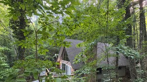 Eine rustikale Holzhütte, umgeben von dichtem Wald.