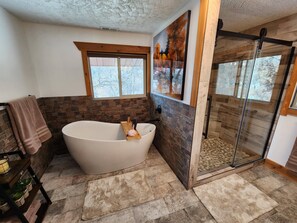 Bathtub, hair dryer, bidet, towels