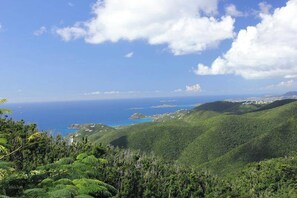 A coastal landscape with lush green hills and a clear view of the ocean.