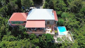 A large house with a swimming pool, surrounded by dense forest.