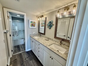 Combined shower/tub, hair dryer, towels - 3BR/2BA South Tower -It's All About the View!! 2 Kings + 2 Twins + Beach Locker! (Myrtle Beach)
