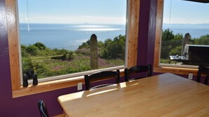 A dining area with a table and chairs, large windows offering a view of the sea and greenery. - Experience Alaska! Amazing Views! Check out a walk through video tour (Homer)