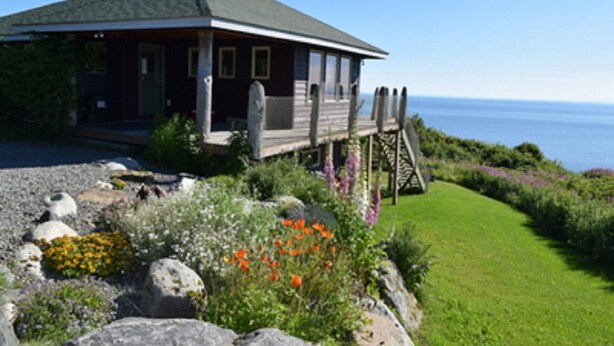 A house with a deck overlooking a grassy area and the ocean. - Experience Alaska! Amazing Views! Check out a walk through video tour (Homer)