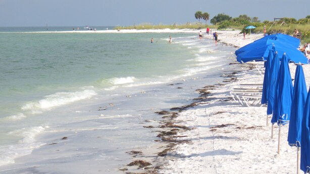 Een strand met helder water, wit zand en blauwe parasols.