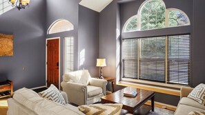 Smart TV, fireplace, DVD player, books