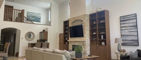 Smart TV, fireplace, video games, DVD player