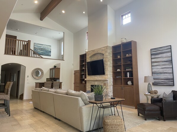 Smart TV, fireplace, video games, DVD player