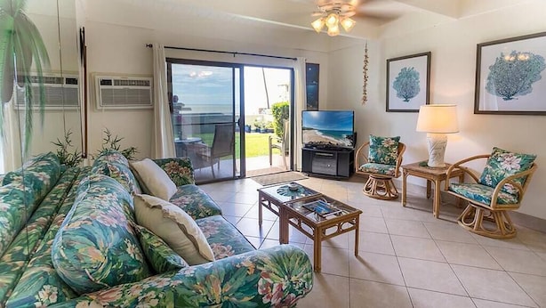 Un salon avec un canapé, des fauteuils, un téléviseur et un ventilateur de plafond.