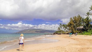 Une plage avec une personne debout, des palmiers et un ciel dégagé.