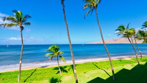 A beach with palm trees and a clear blue sky. - Oceanfront Condo at Sugar Beach Resort- Stunning Sunsets and Beach Front (Kihei)