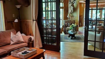 Smart TV, fireplace, video games, DVD player