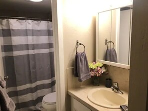 Un baño con cortina de ducha a rayas, un inodoro, un lavabo con un espejo encima y un florero con flores en la encimera.