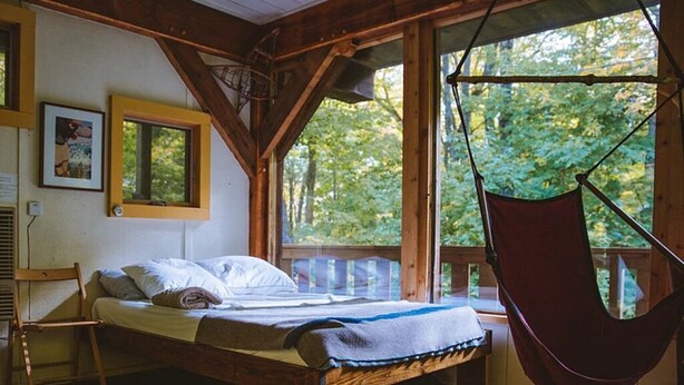 A rustic wooden room with a bed, a hammock, and large windows overlooking a forest. - Mökki Hovland Hut - A Unique Glass Wall Timber Frame Nestled in a Maple Forest (East Cook)