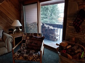 Smart-tv, eldstad, dvd-spelare och böcker