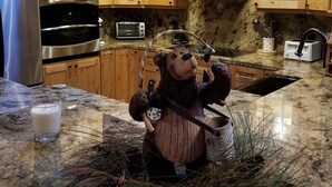 Een keuken met houten kastjes, roestvrijstalen apparatuur en een beerbeeld op het aanrecht.