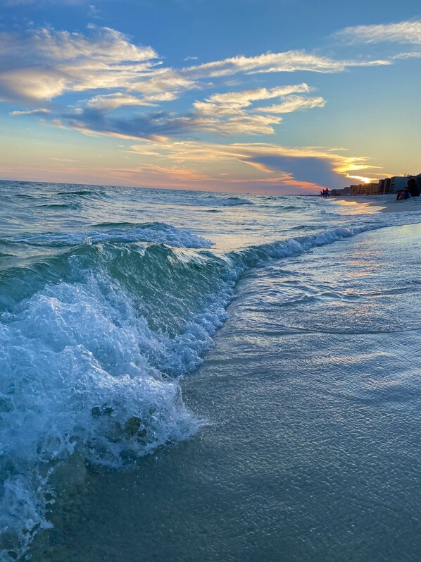 On the beach, sun loungers