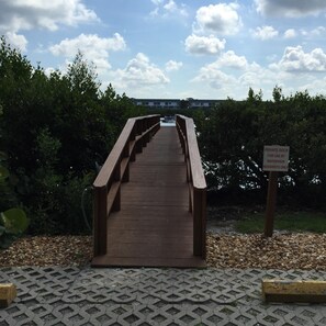 Residents can access the dock via a wooden bridge with metal railings, surrounded by lush greenery.