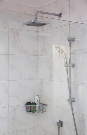 Shower, hair dryer, towels, soap