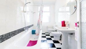 Shower, hair dryer, bidet, towels