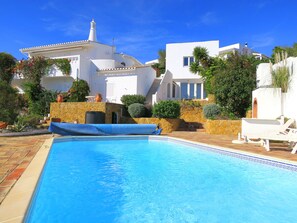 Private pool and steps to the villa, with the games room beside the steps