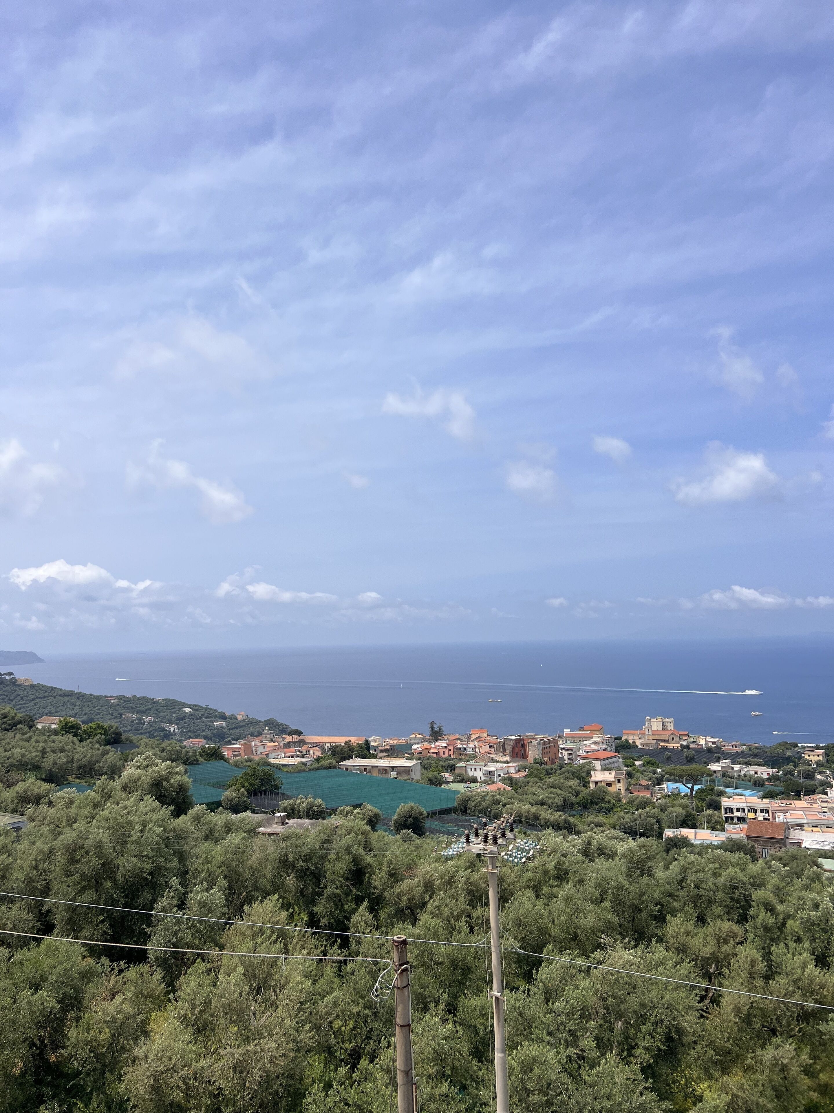 A coastal town with buildings, a green sports field, and a view of the sea.