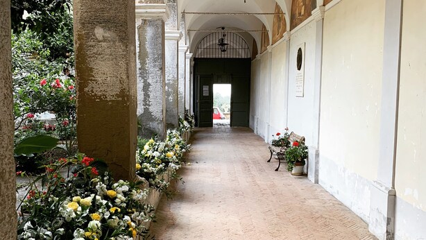 A corridor with a brick floor, columns, and a row of potted plants with flowers. - Relais il Chiostro Historic Courtyard and Panoramic Terrace near Sorrento (Massa Lubrense)
