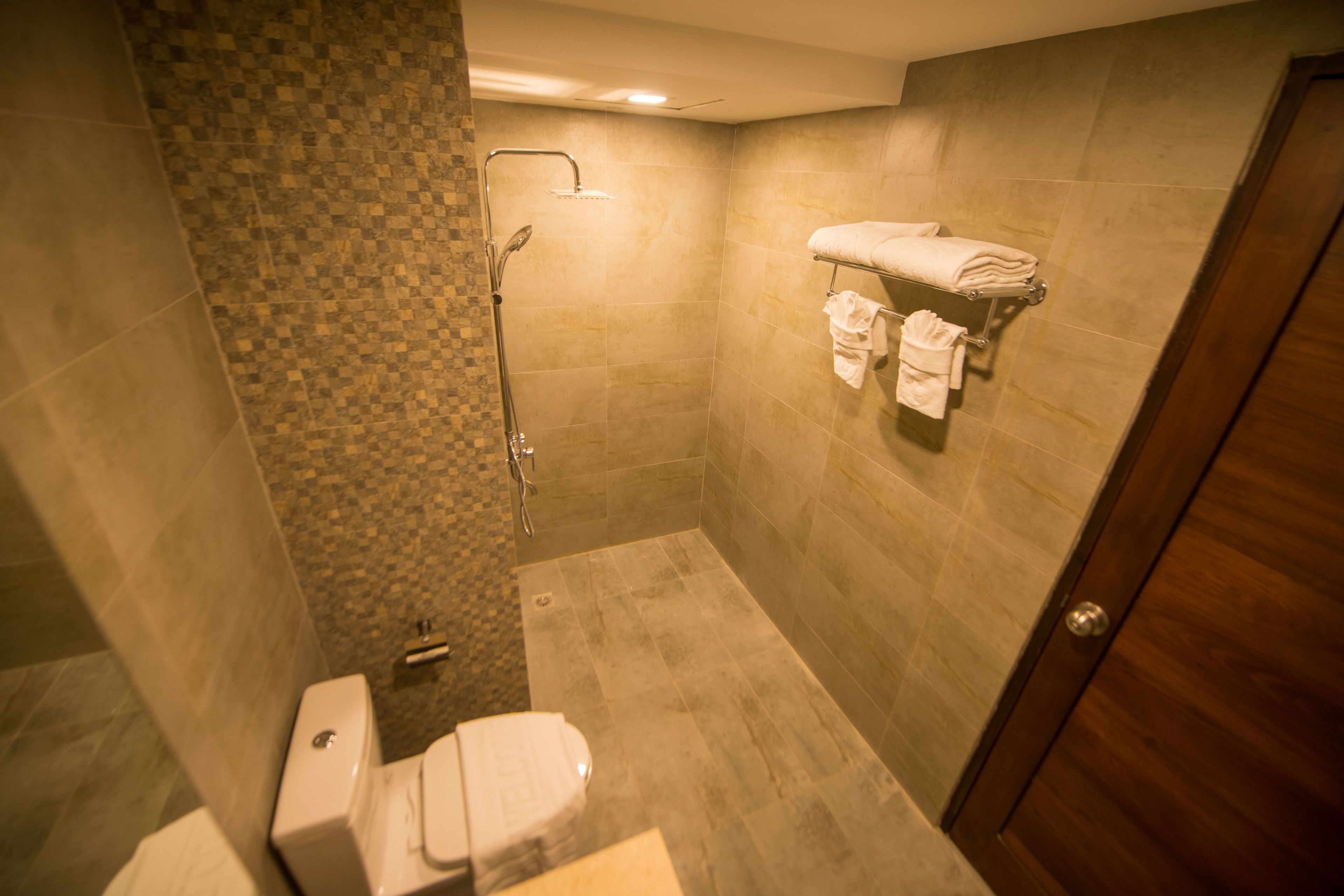 A small, tiled bathroom with a shower, toilet, and a towel rack.