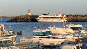 Un port esportiu amb diverses embarcacions amarrades, un far al fons i un moll de pedra.