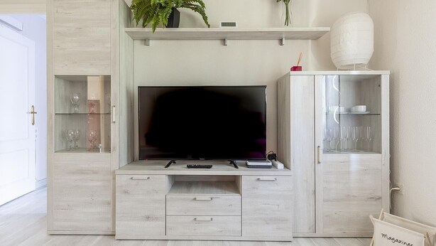 A modern living room with a flat-screen TV, wooden cabinets, and a glass display case. - Live the most authentic Seville TRIANA ↑ Qualities (Sevilla)