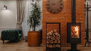Un salon chaleureux avec un mur en briques, une grande horloge, un poêle à bois, un canapé vert et une plante en pot.
