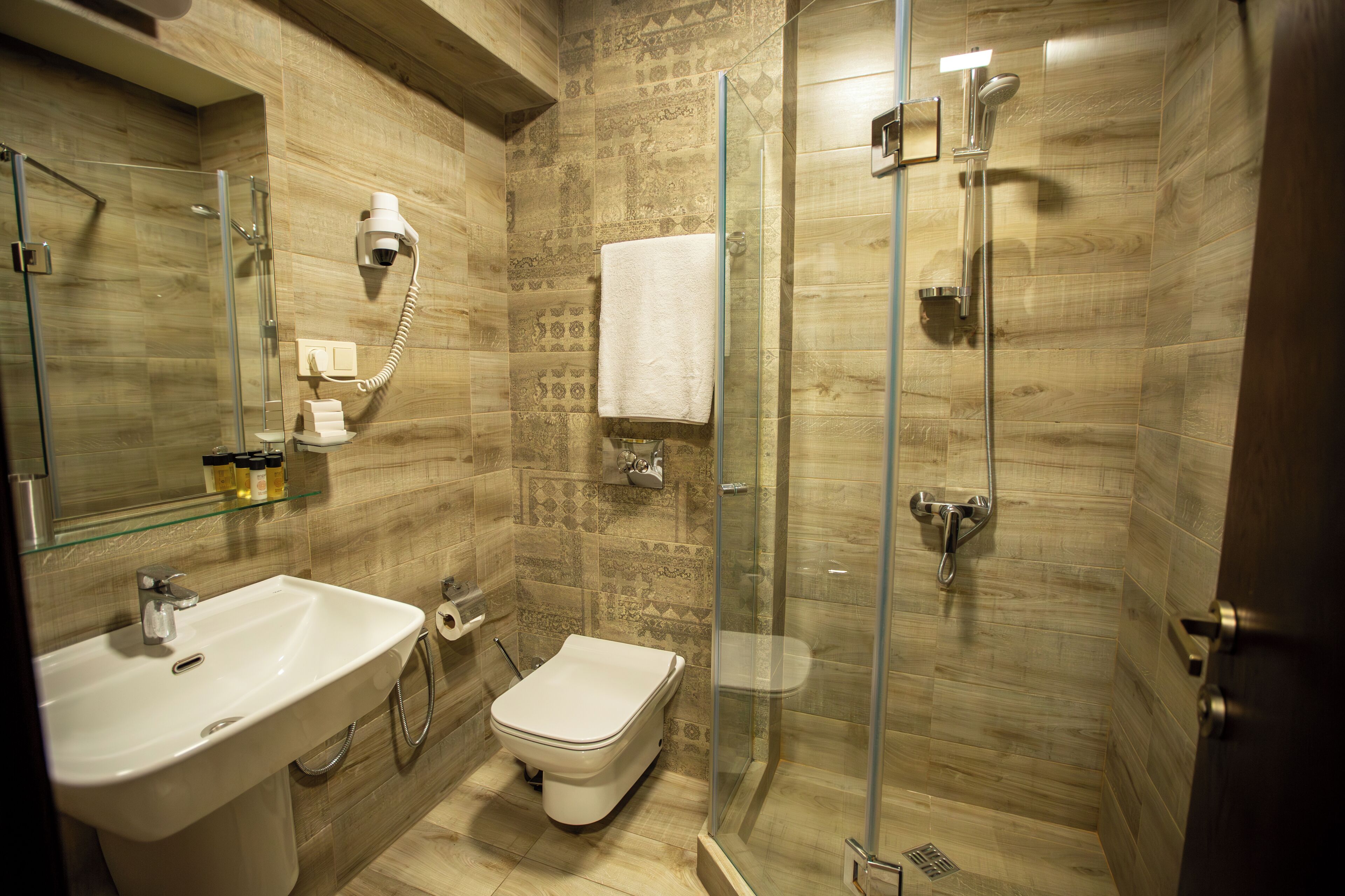 A modern bathroom with a glass-enclosed shower, a white sink, and a toilet.