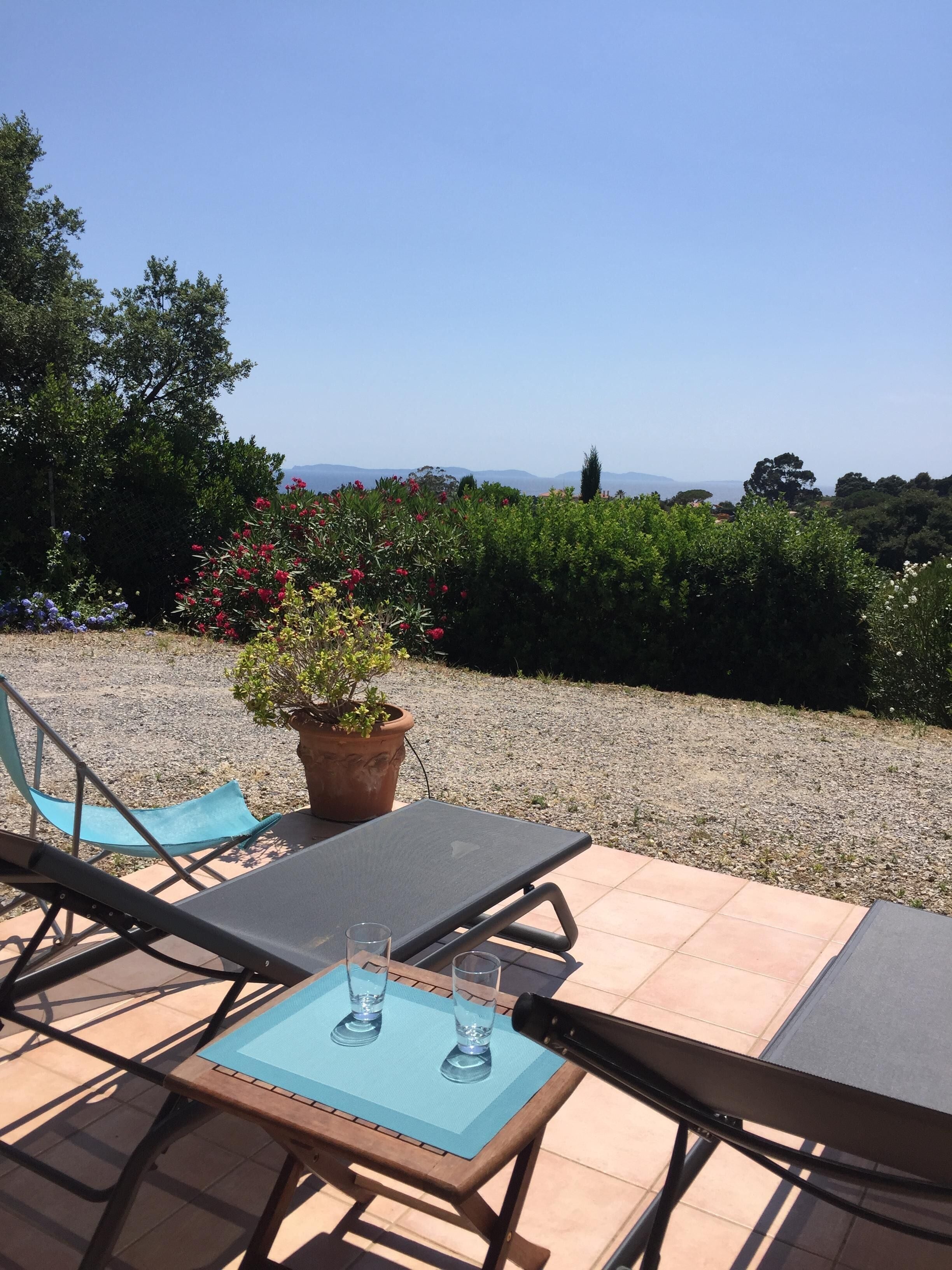 Un espace extérieur aménagé avec une table et des chaises, un pot de fleurs et une vue sur le paysage.