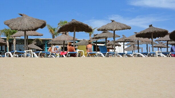 Una playa con sombrillas de paja y sillas de descanso.