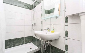Bathroom features a sink, glass shower enclosure, and a mirror above the sink.