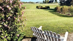 Een verzorgd gazon met een rij witte stoelen, een struik met roze bloemen, en een verre uitsicht op een huis en bomen.