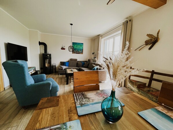 Smart TV, fireplace, DVD player, books