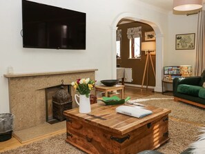 Smart TV, caminetto, libri