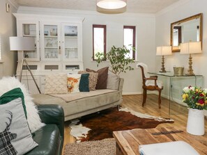 Smart TV, fireplace, books