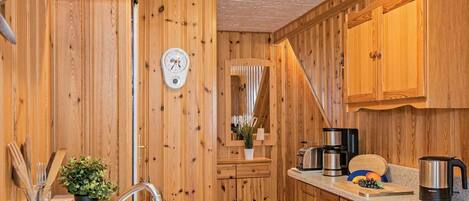 Fridge, coffee/tea maker, electric kettle, toaster