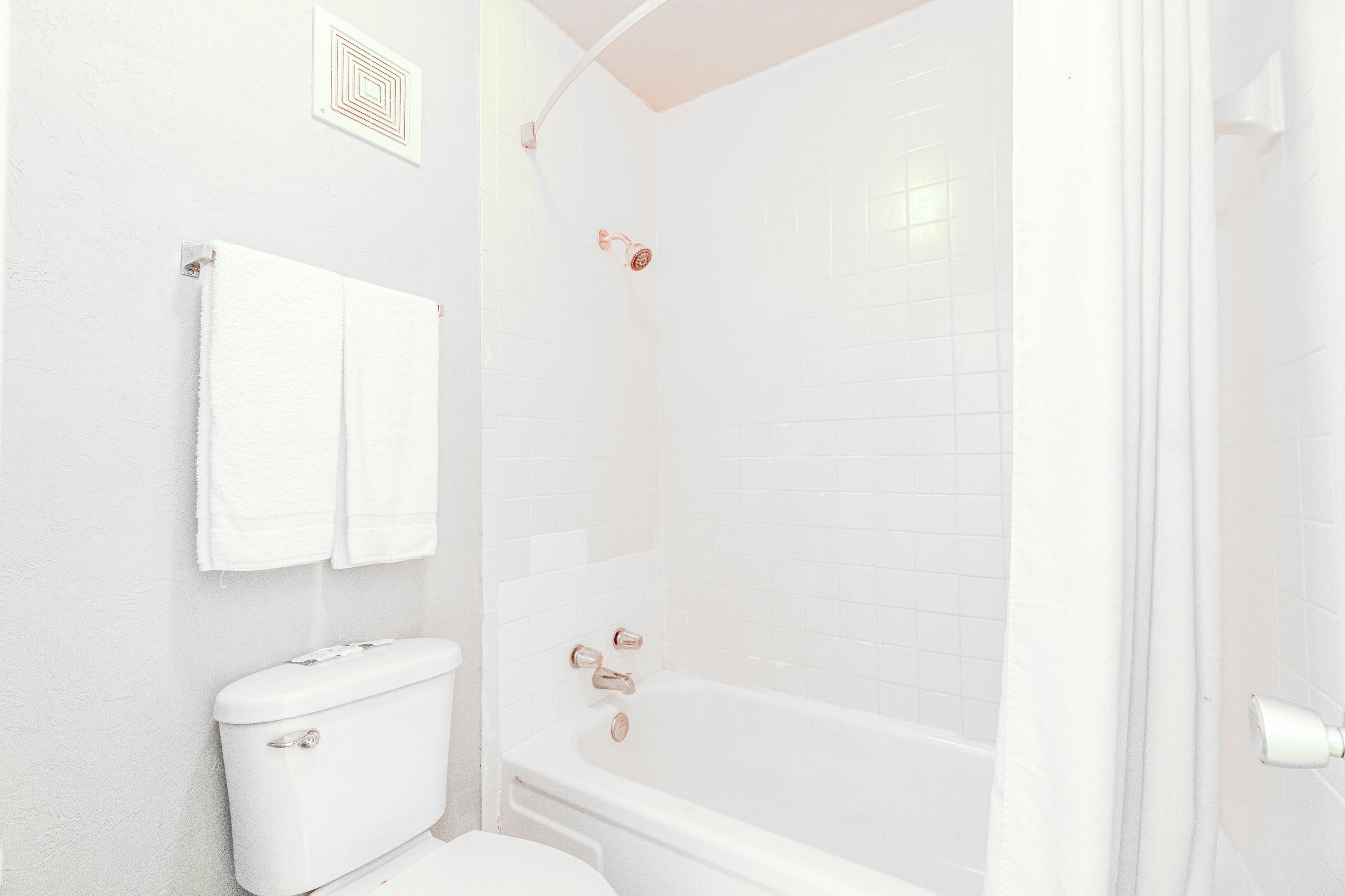 A bathroom with a white toilet, a bathtub, and a shower area.