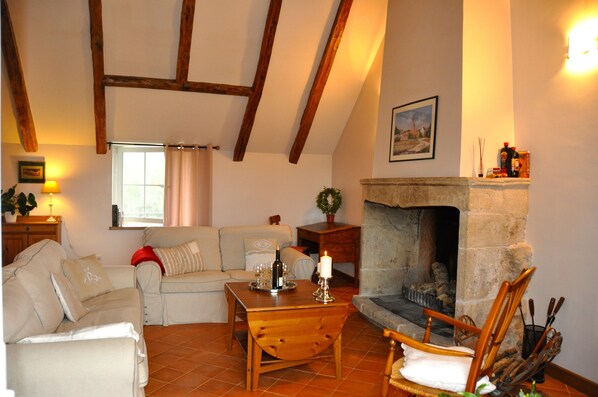 TV, fireplace, books, stereo