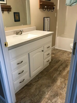 Combined shower/tub, hair dryer, soap, toilet paper