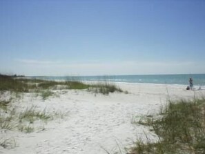Een strand met wit zand en weinig gras.
