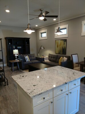 Smart TV, fireplace, books