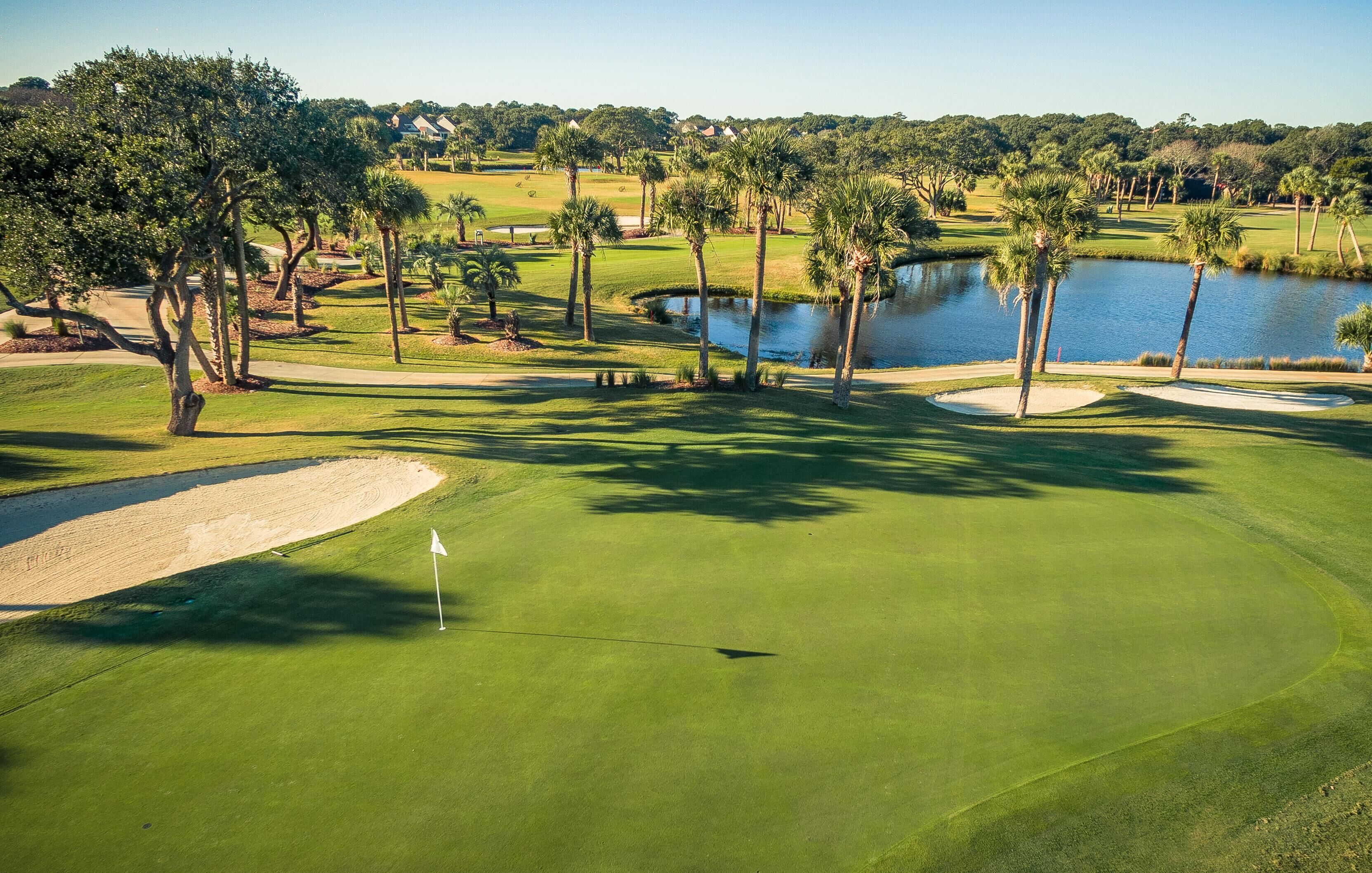 Ein Golfplatz mit Teich, Palmen und einer Fahne auf dem Grün.