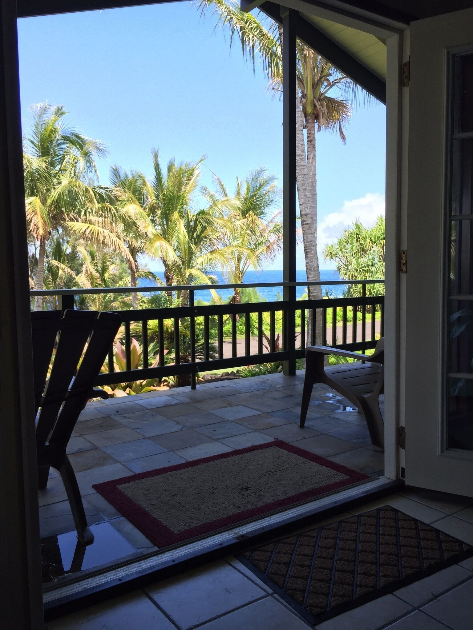Un balcon avec vue sur les palmiers et l’océan.
