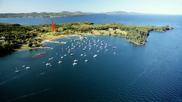 An aerial view of a marina with numerous boats docked and a small island with houses and greenery. - Harbor/🦞 Pound Access & Views from Large Deck (Owls Head)