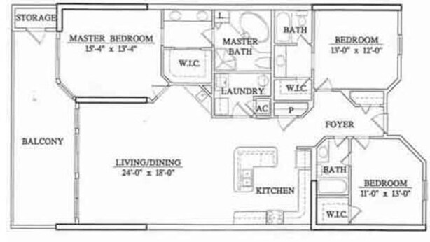 Plano de planta que muestra un dormitorio principal, baño principal, sala de estar/comedor, cocina y balcón.