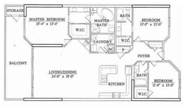Un plan d’étage comprenant une chambre principale avec salle de bain attenante, un salon/salle à manger, une cuisine et un balcon.