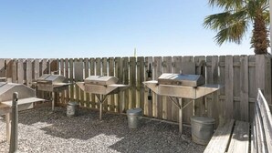 Un área de barbacoa al aire libre con varias parrillas, una cerca de madera y una palmera.